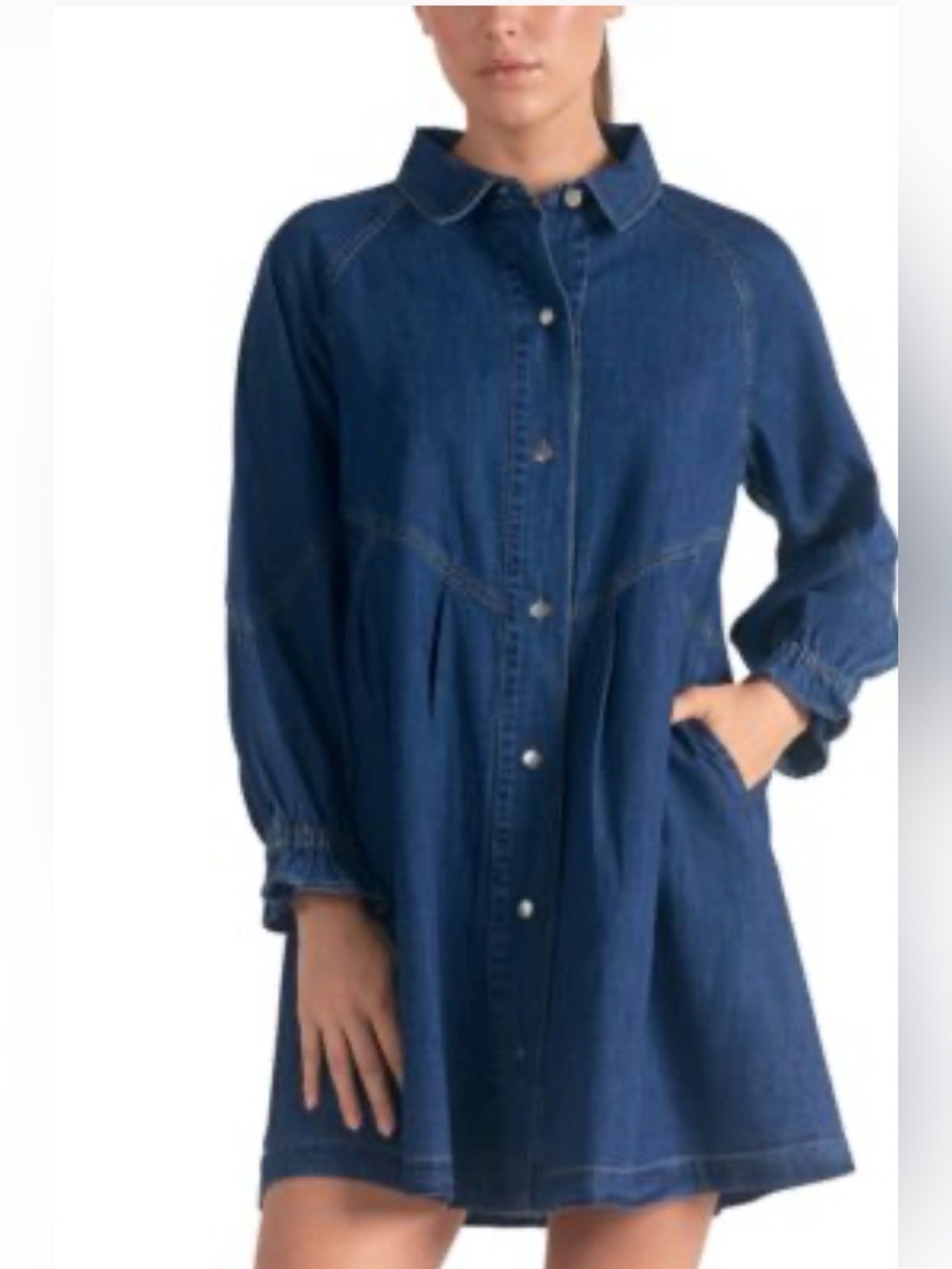 Elan Denim Button-Down Mini Dress Small Long Sleeve Ruffle Cuff Western